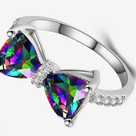 🌟SET!  925 Rainbow Diamond CZ Bowknot Ring & Matching Earrings New Gift Box - Picture 3 of 7